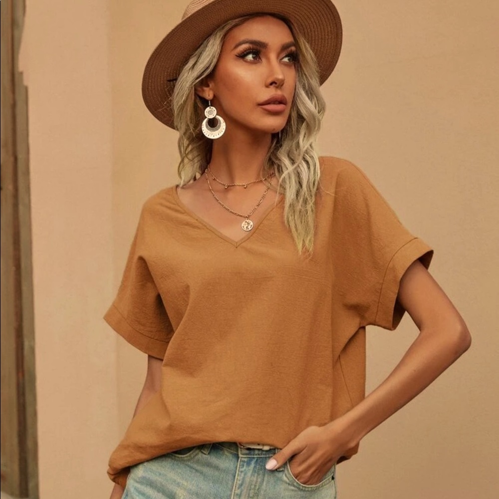 SHEIN Camel V-Neck Short Sleeve Boxy Blouse